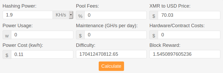 Monero (XMR) mining profitability calculator