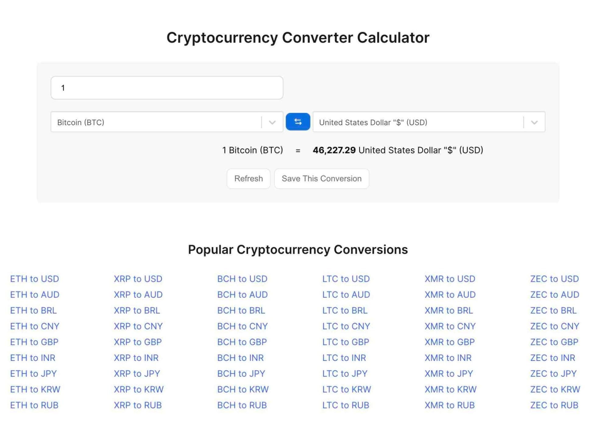 Bitcoin and Cryptocurrency Converter and Calculator Tool