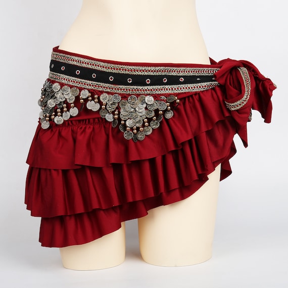 Red Hip Scarf Red Sequins Fringing Gold Coins - Dance Of Life