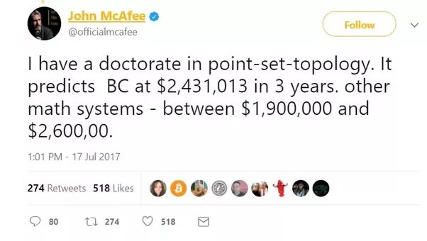 McAfee $1M BTC price prediction absurdist humor