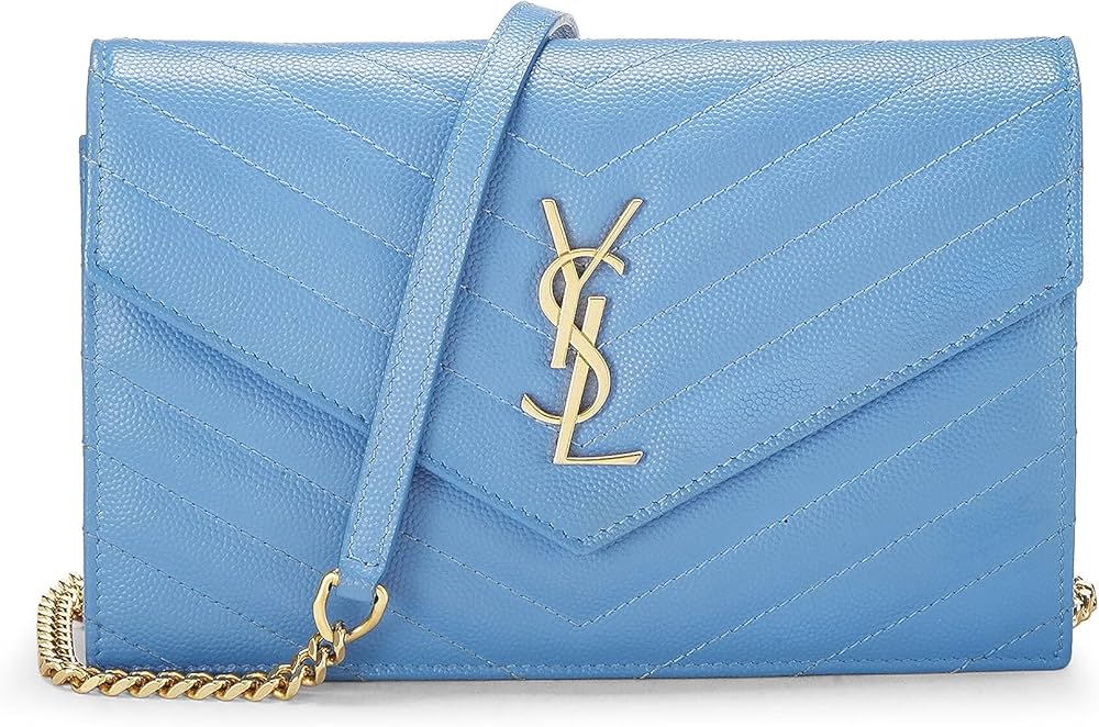 Saint Laurent Classic Monogram Chain Wallet Mixed Matelasse Leather Medium Blue 