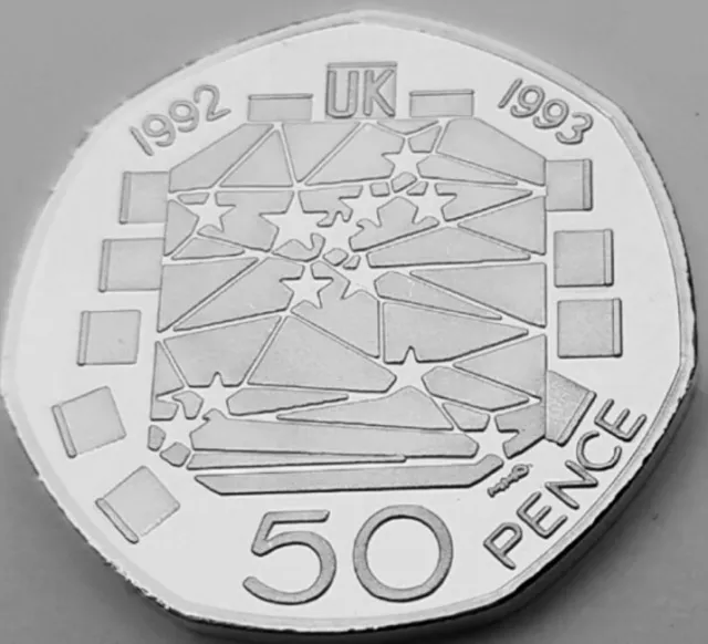 Silver proof 50p coin celebrating the completion of the European single market