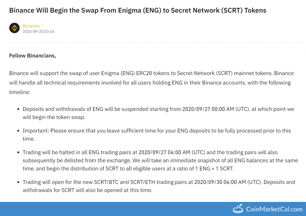 Binance SWAP ENG to SCRT - Secret Network - Secret Network