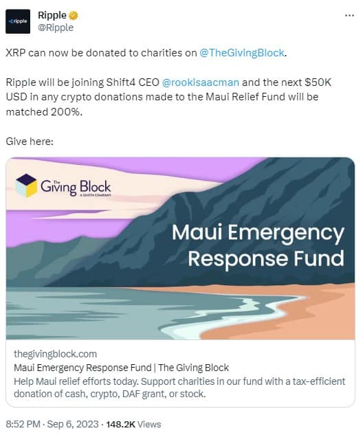 XRP Donations Launch With Ripple’s $50K Matching Fund for Maui