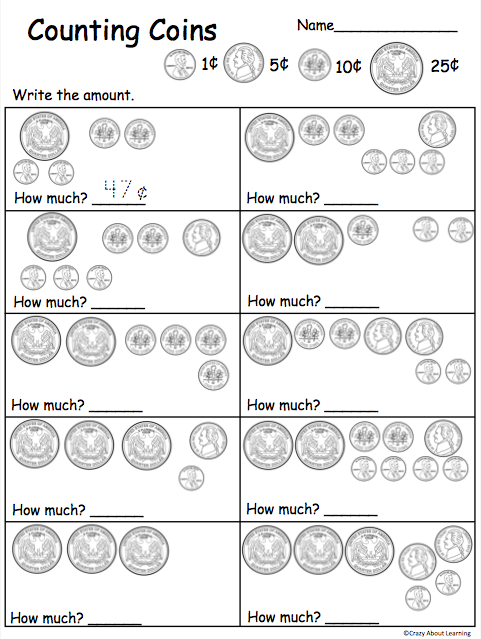 Free worksheets for counting money (US coins and bills)