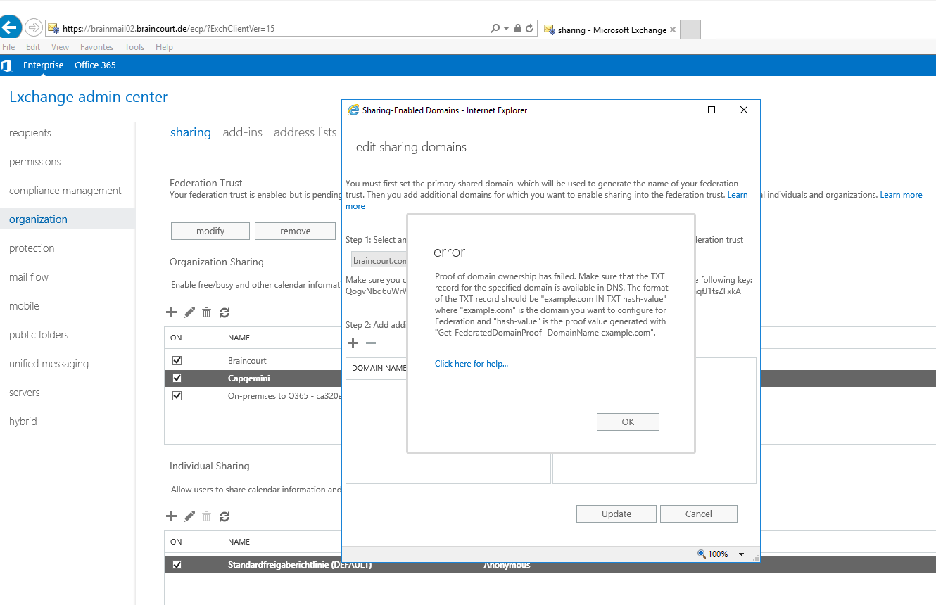 Create an Exchange federation between Exchange and Office Organization - MSB