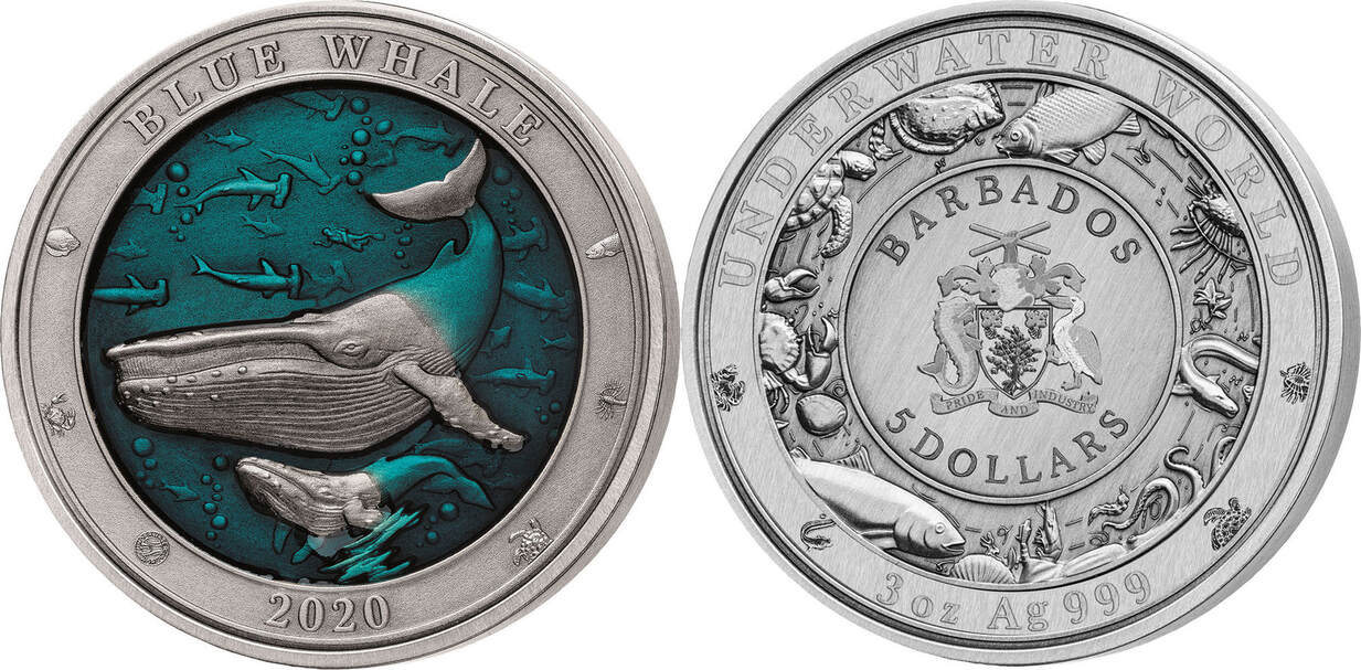 BLUE WHALE Underwater World 3 Oz Silver Coin 5$ Barbados 