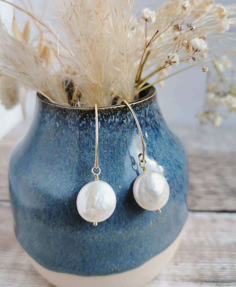 White Coin Pearl Stud Earrings