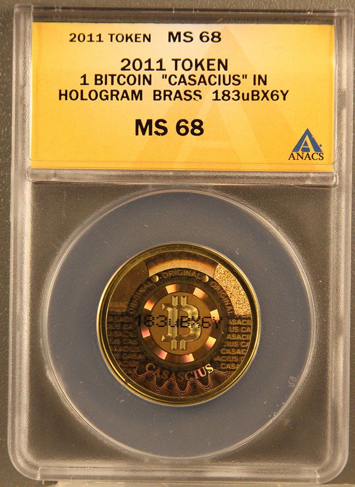 4k - Brass Unpeeled 1 Bitcoin (BTC) Casascius Coin ANACS Graded MS 67