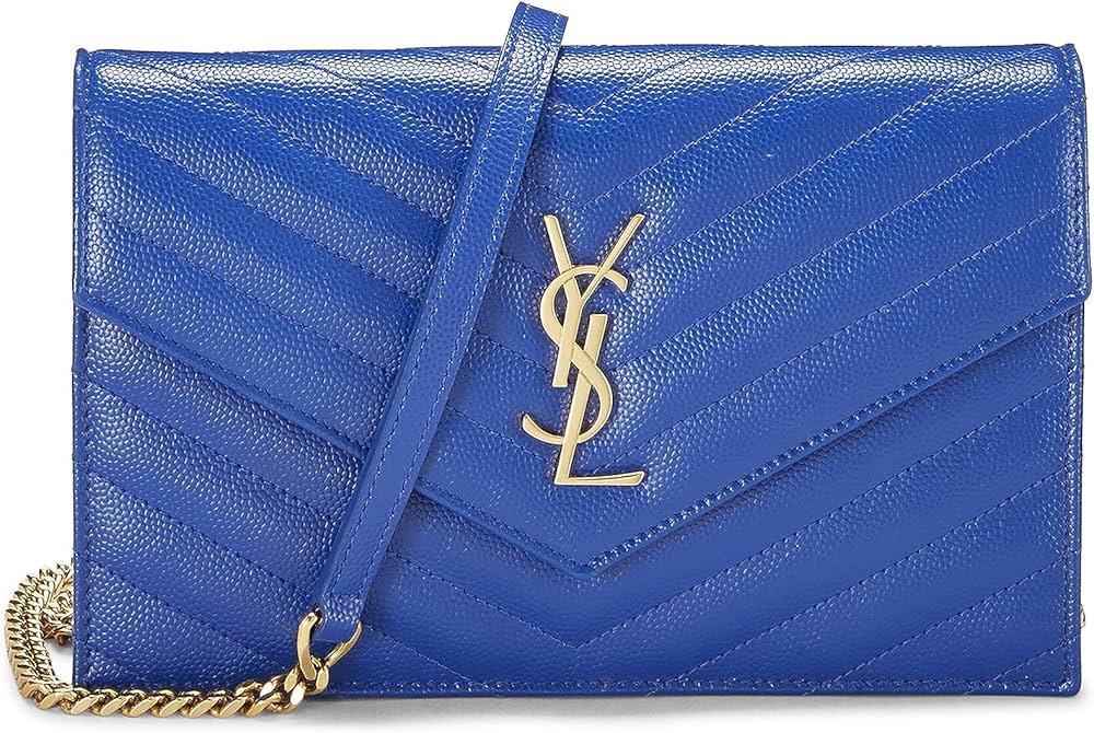 Saint Laurent Classic Monogram Short Chain Wallet Matelasse Chevron Leather Long Blue 