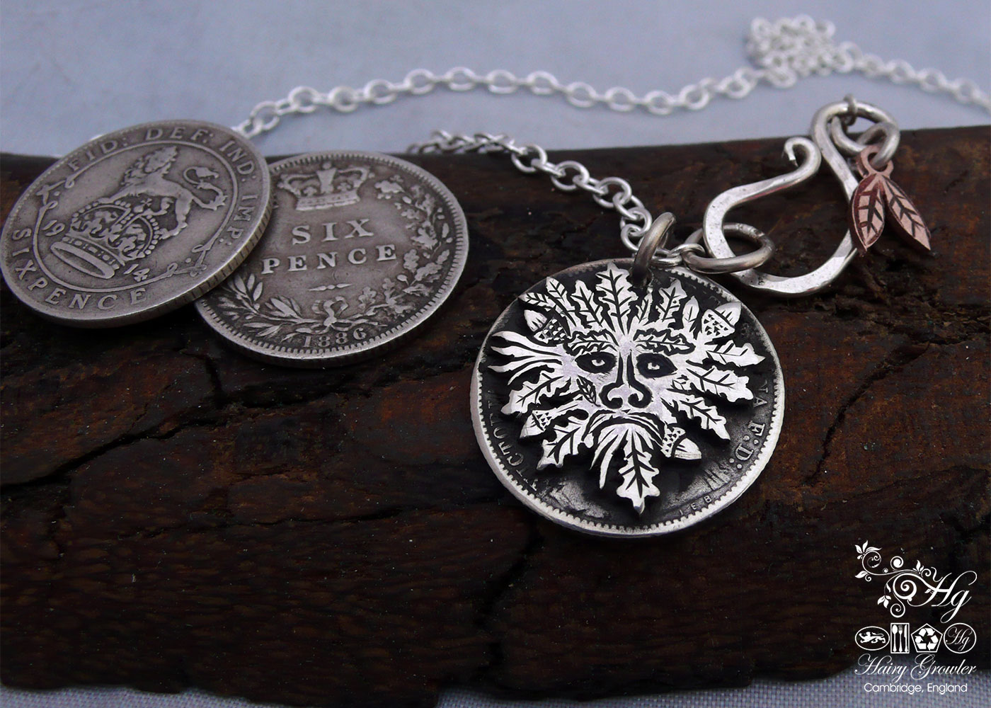 Green Man jewellery - Hairy Growler - The Greenman recycled silver coins