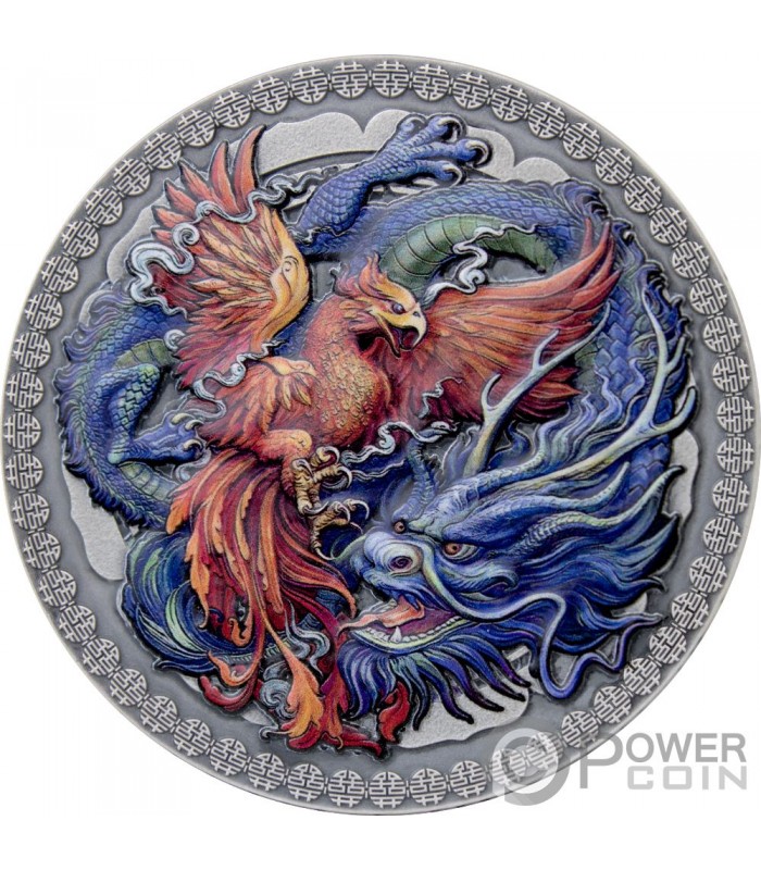 DOUBLE DRAGON AND PHOENIX Silver Coin Francs Gabon 